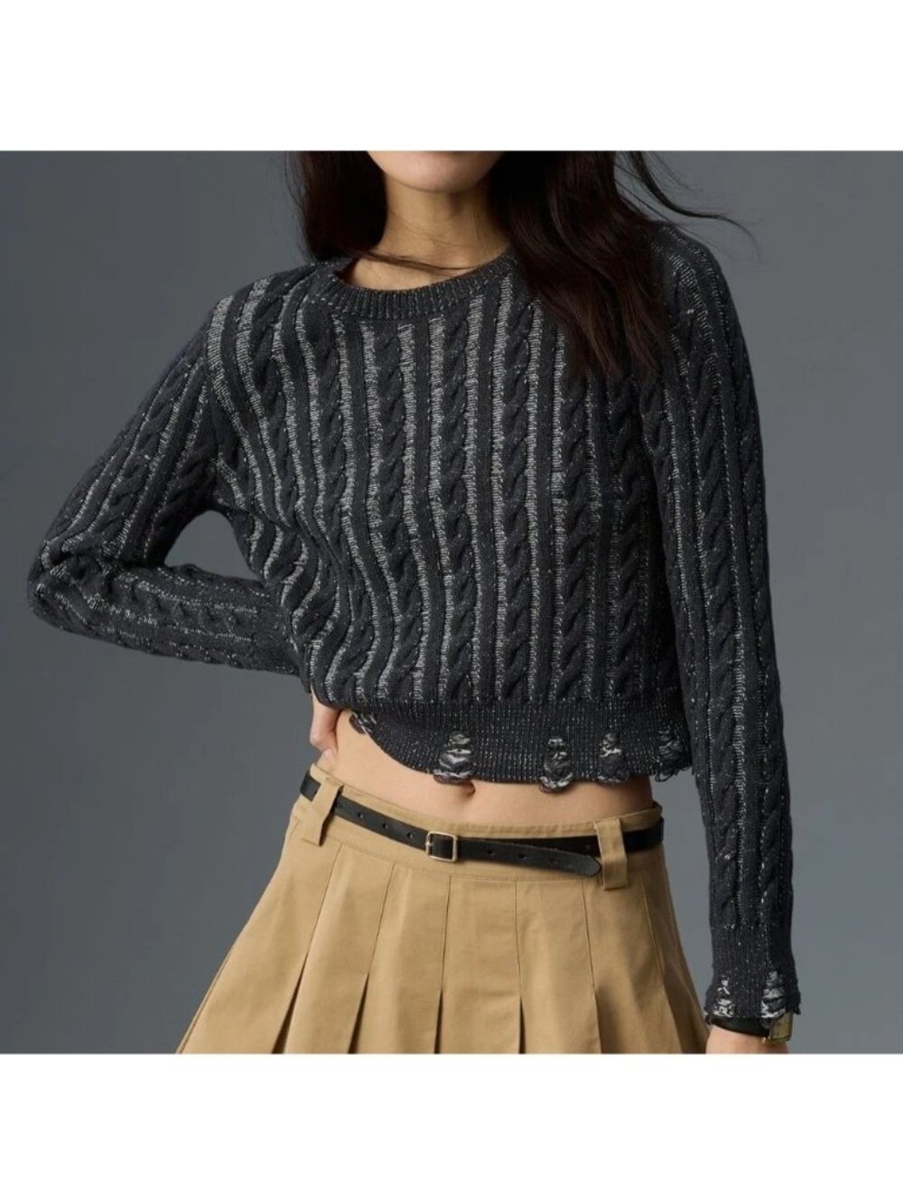 Anthropologie Pilcro Women's Small Navy Cable knit Distressed Sweater